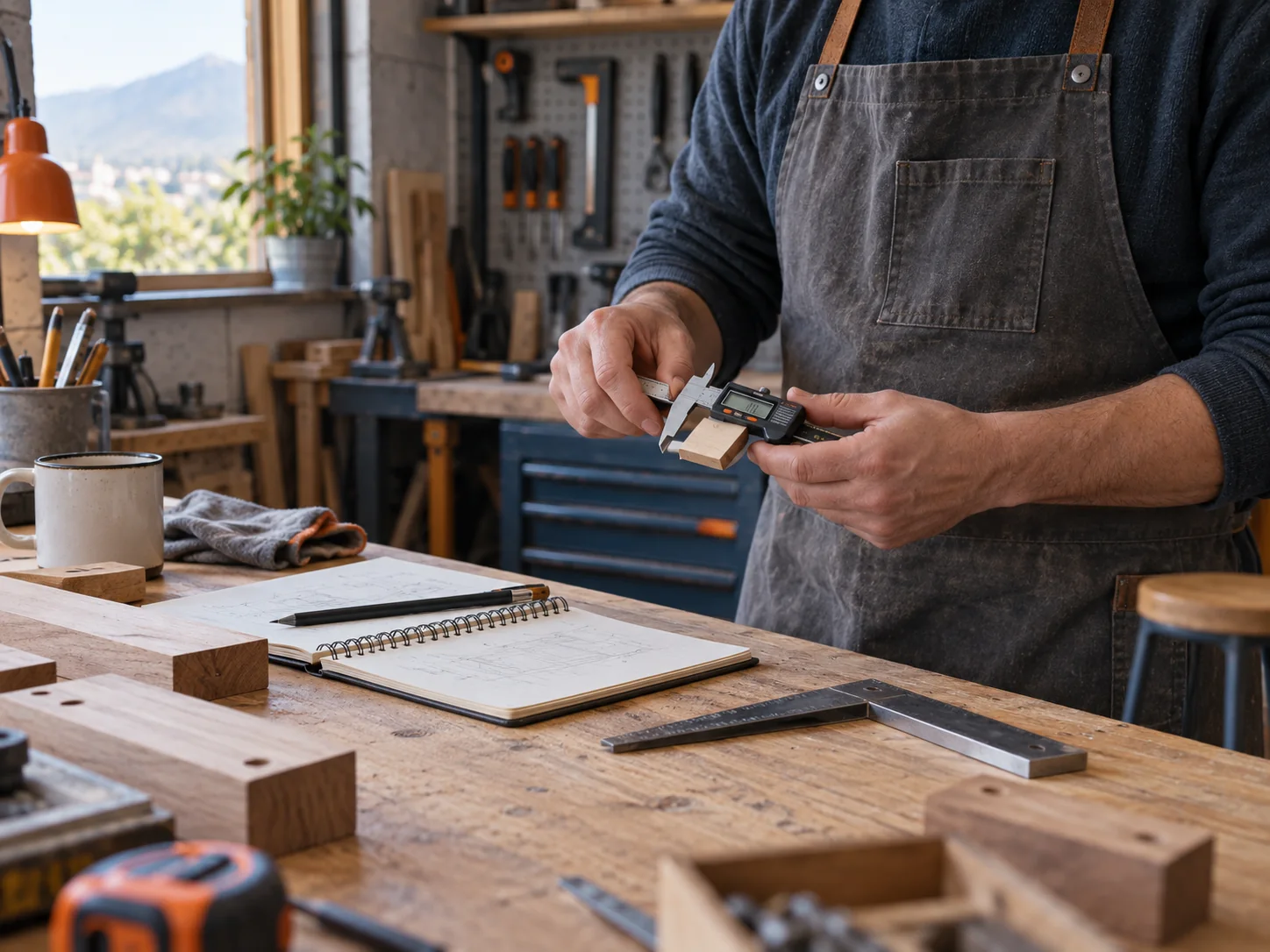 Persona revisando una pieza de madera con un calibrador digital en el taller